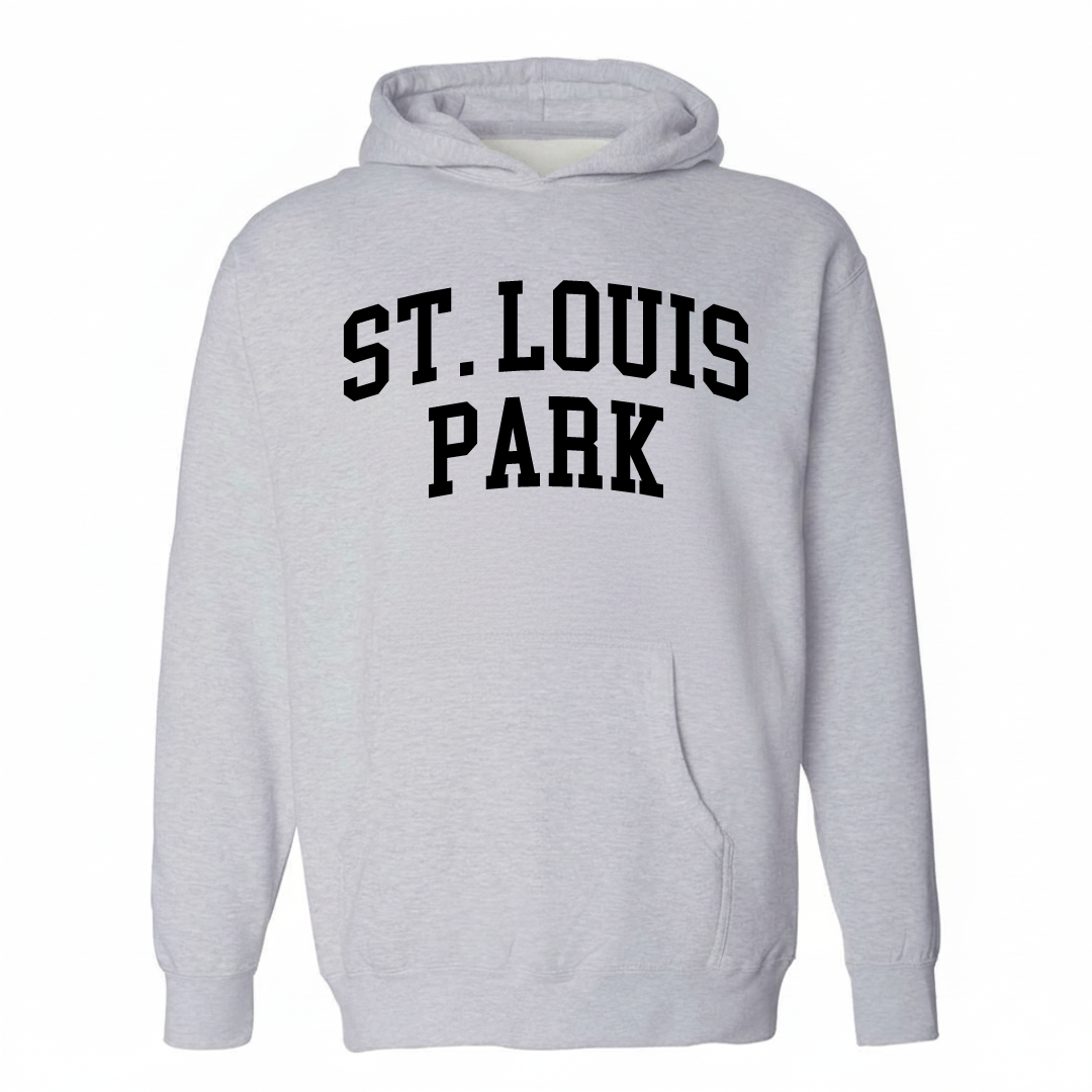 Heather-gray hoodie with the St. Louis Park varsity arched lettering design on the chest.