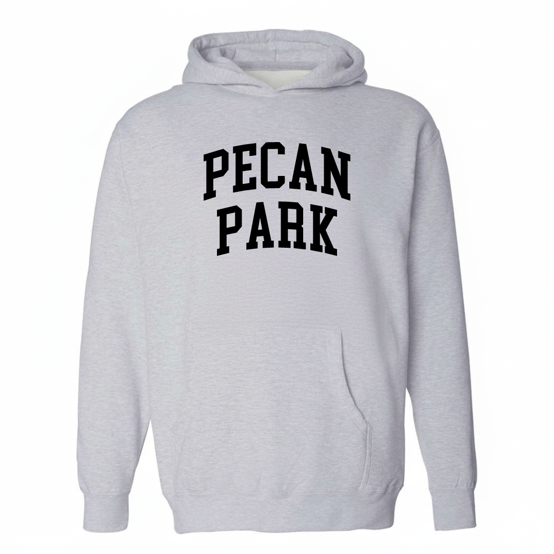 Heather-gray hoodie with the Pecan Park arched lettering design on the chest.