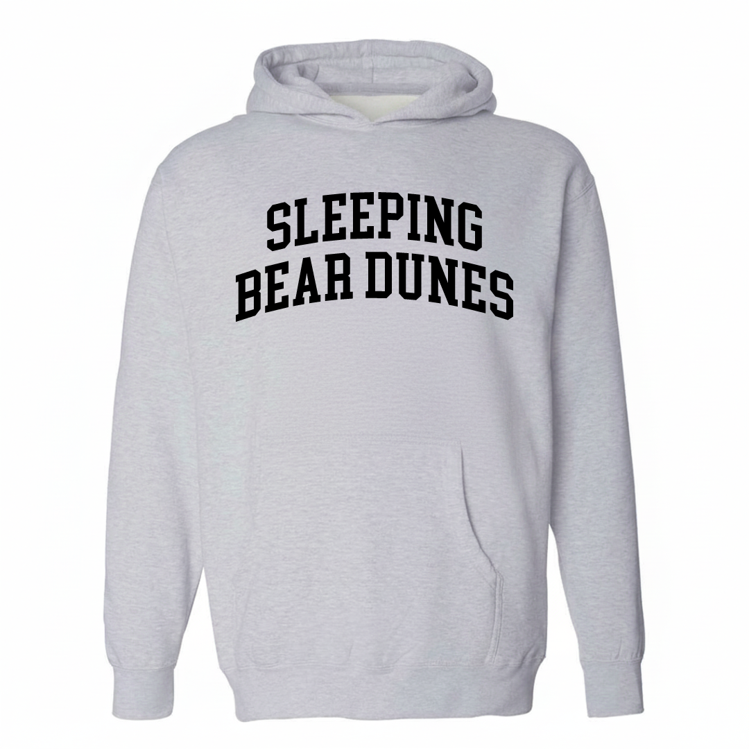 Heather-gray hoodie with the Sleeping Bear Dunes arched lettering design on the chest.