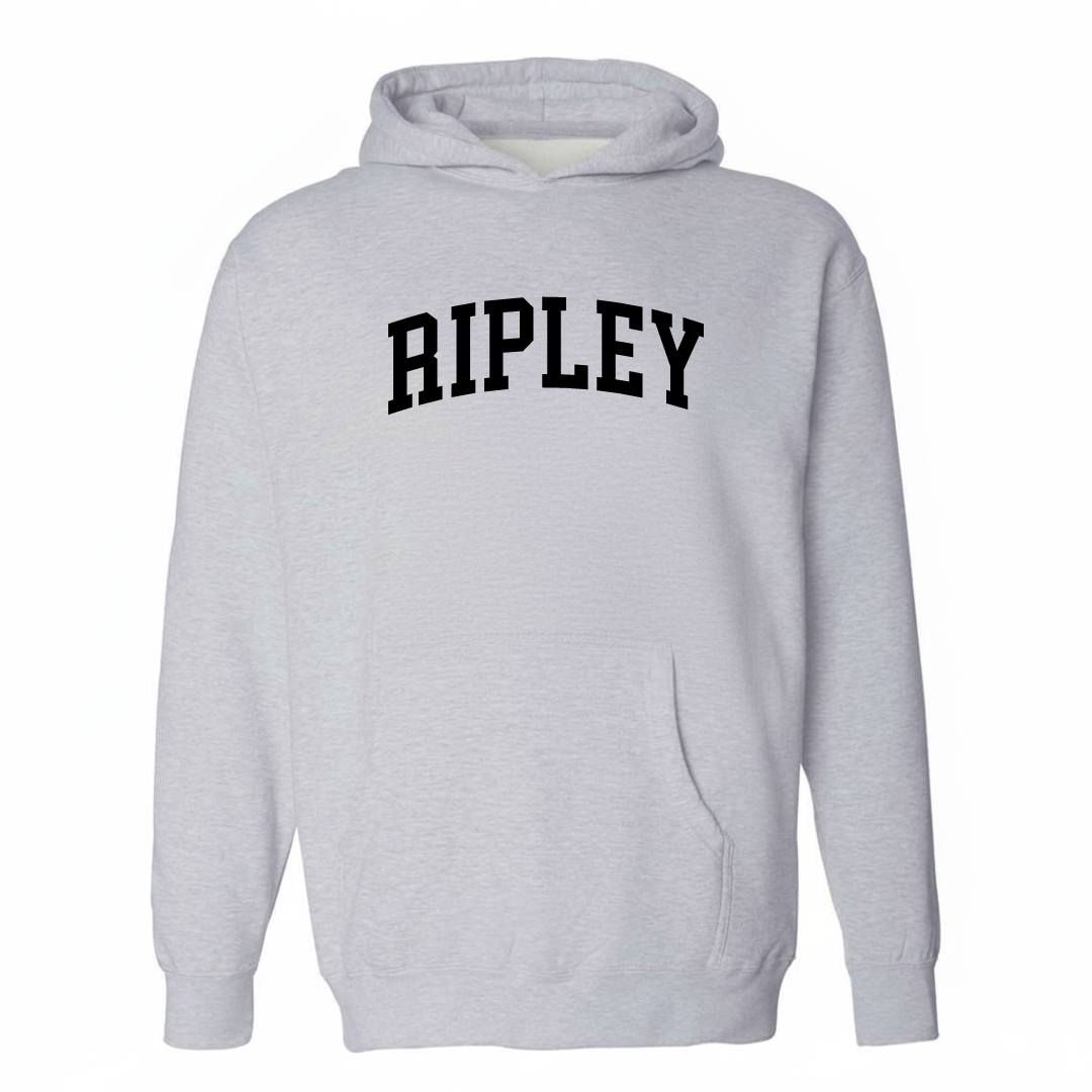 Heather-gray hoodie with the Ripley varsity arched lettering design on the chest.