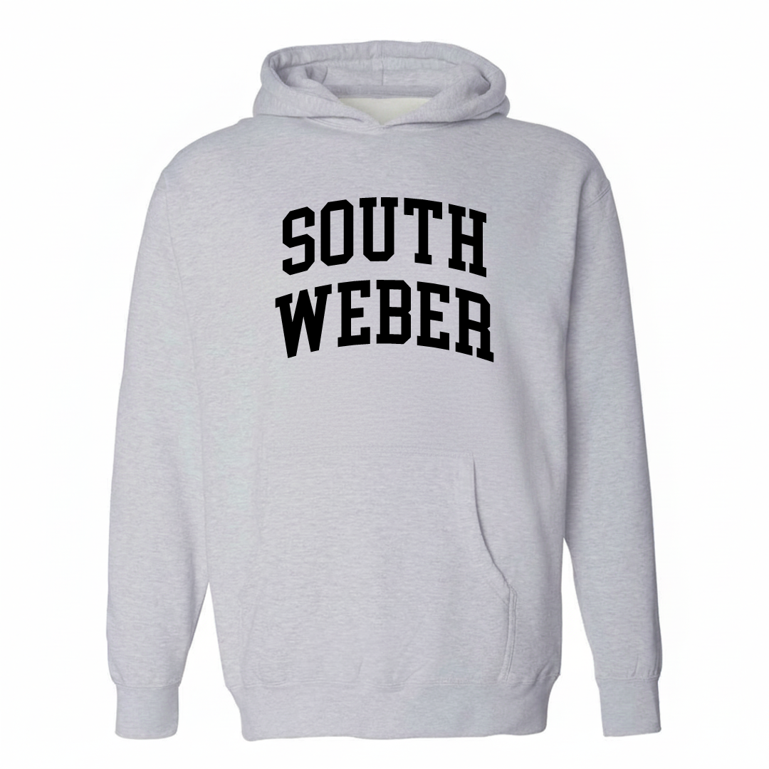 Heather-gray hoodie with the South Weber varsity arched lettering design on the chest.