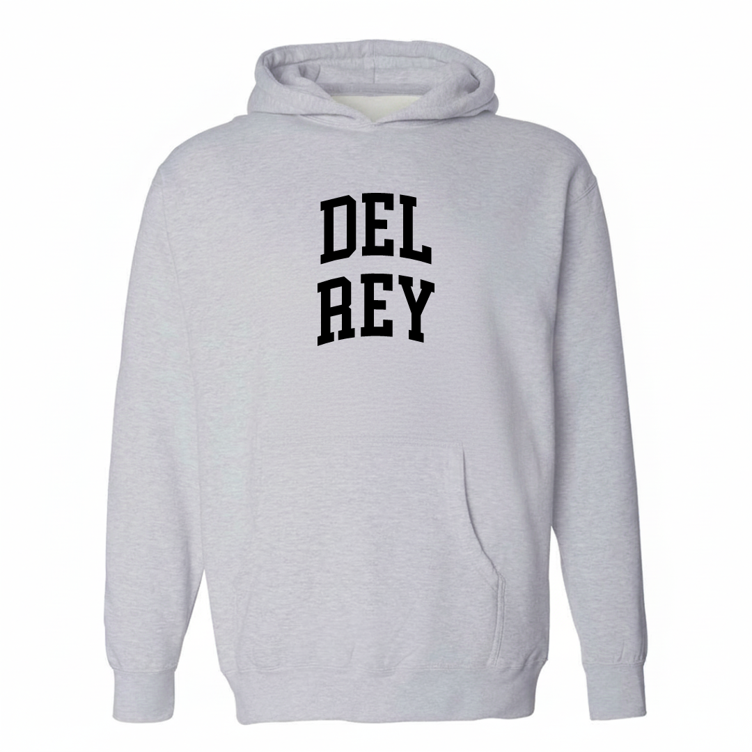 Heather-gray hoodie with the Del Rey arched lettering varsity-collegiate design on the chest.