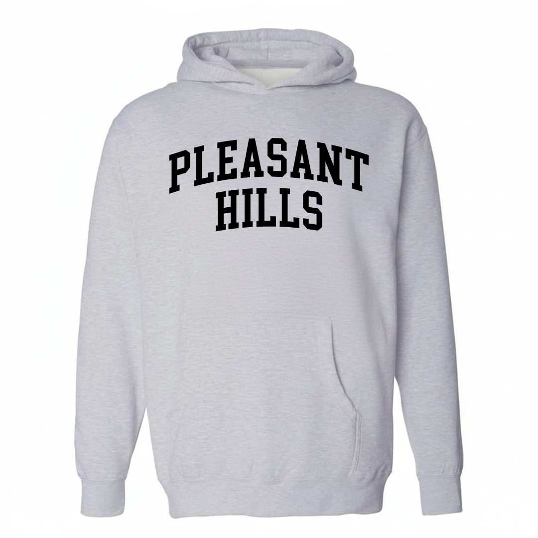 Heather-gray hoodie with the Pleasant Hills varsity arched lettering design on the chest.