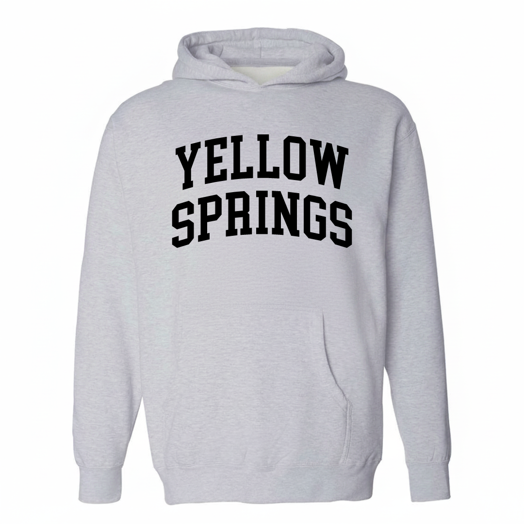 Heather-gray hoodie with the Yellow Springs varsity arched lettering design on the chest.