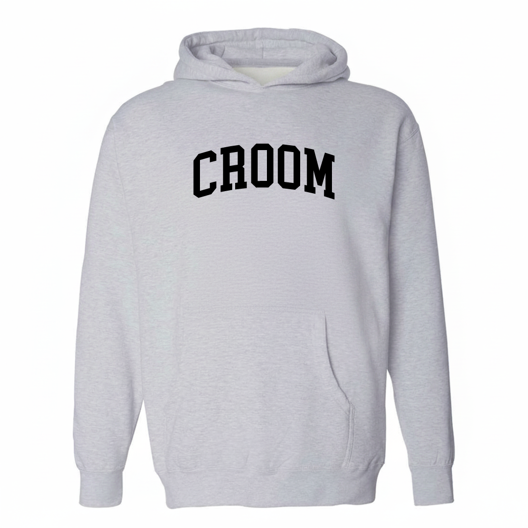 Heather-gray hoodie with the Croom varsity arched lettering design on the chest.