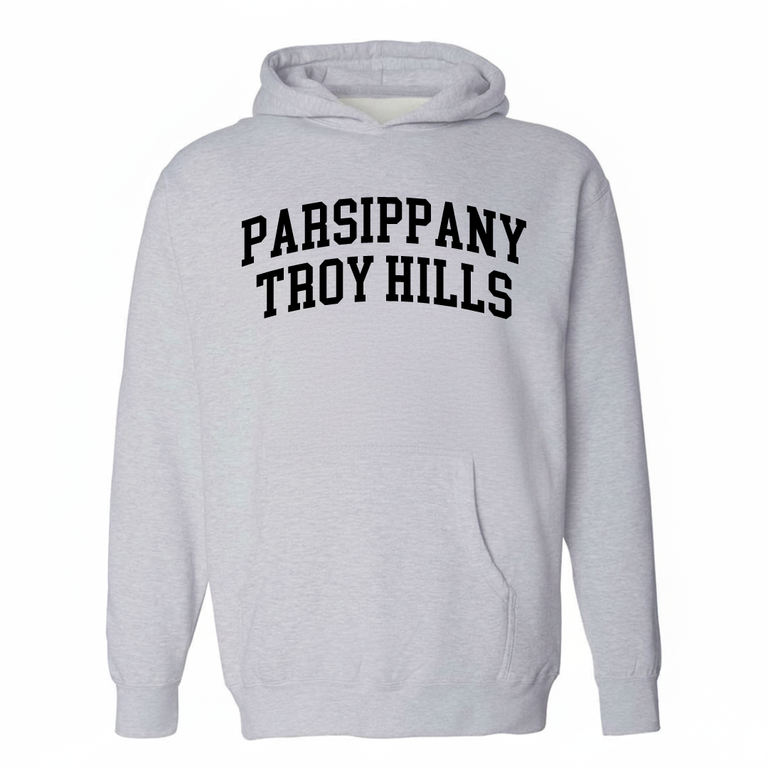 Heather-gray hoodie with the Parsippany-Troy Hills varsity arched lettering design on the chest.