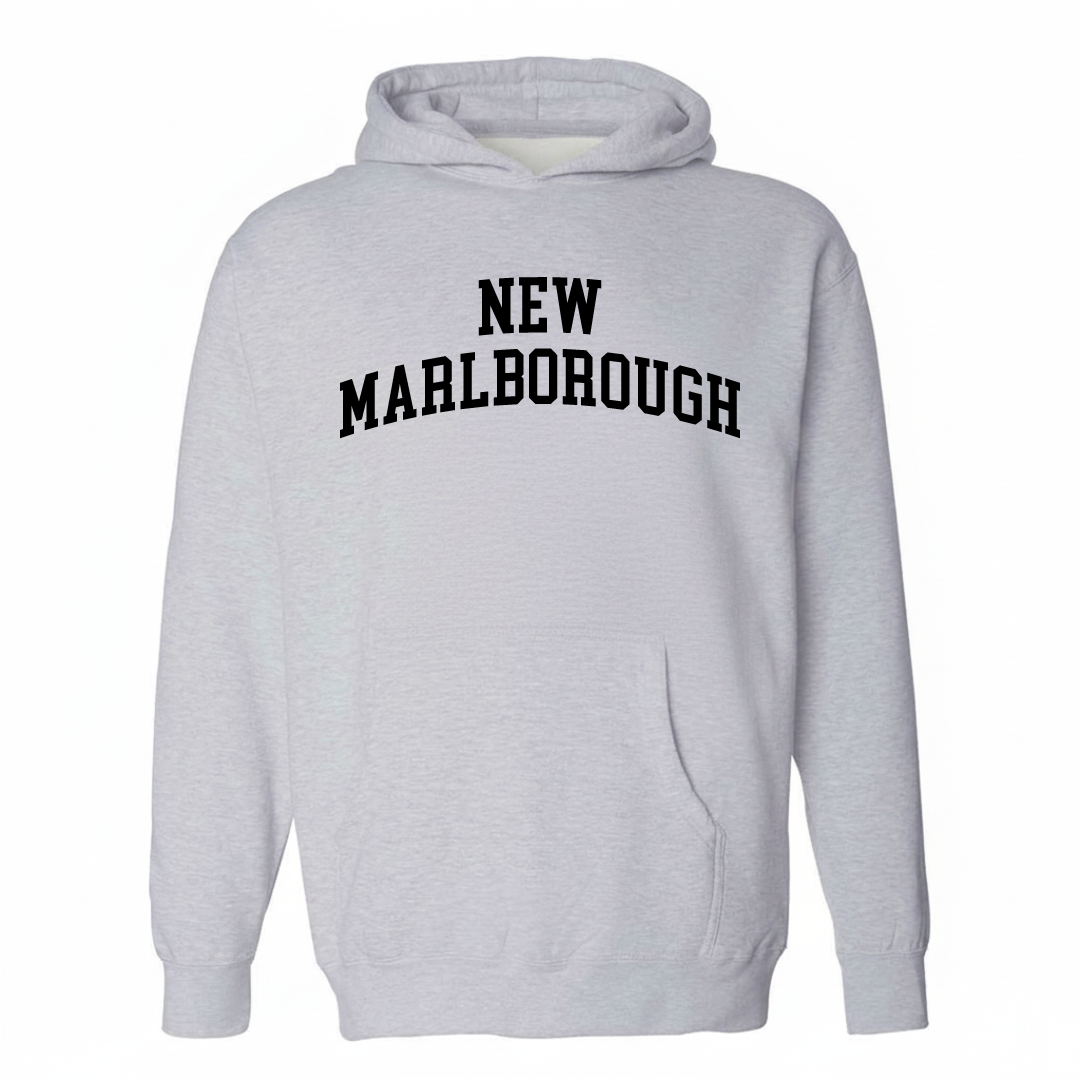 Heather-gray hoodie with the New Marlborough varsity arched lettering design on the chest.
