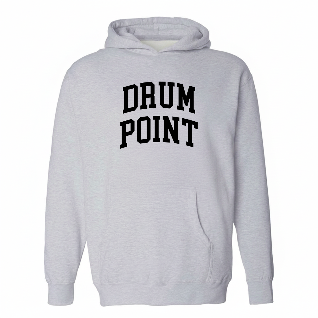 Heather-gray hoodie with the Drum Point varsity arched lettering design on the chest.