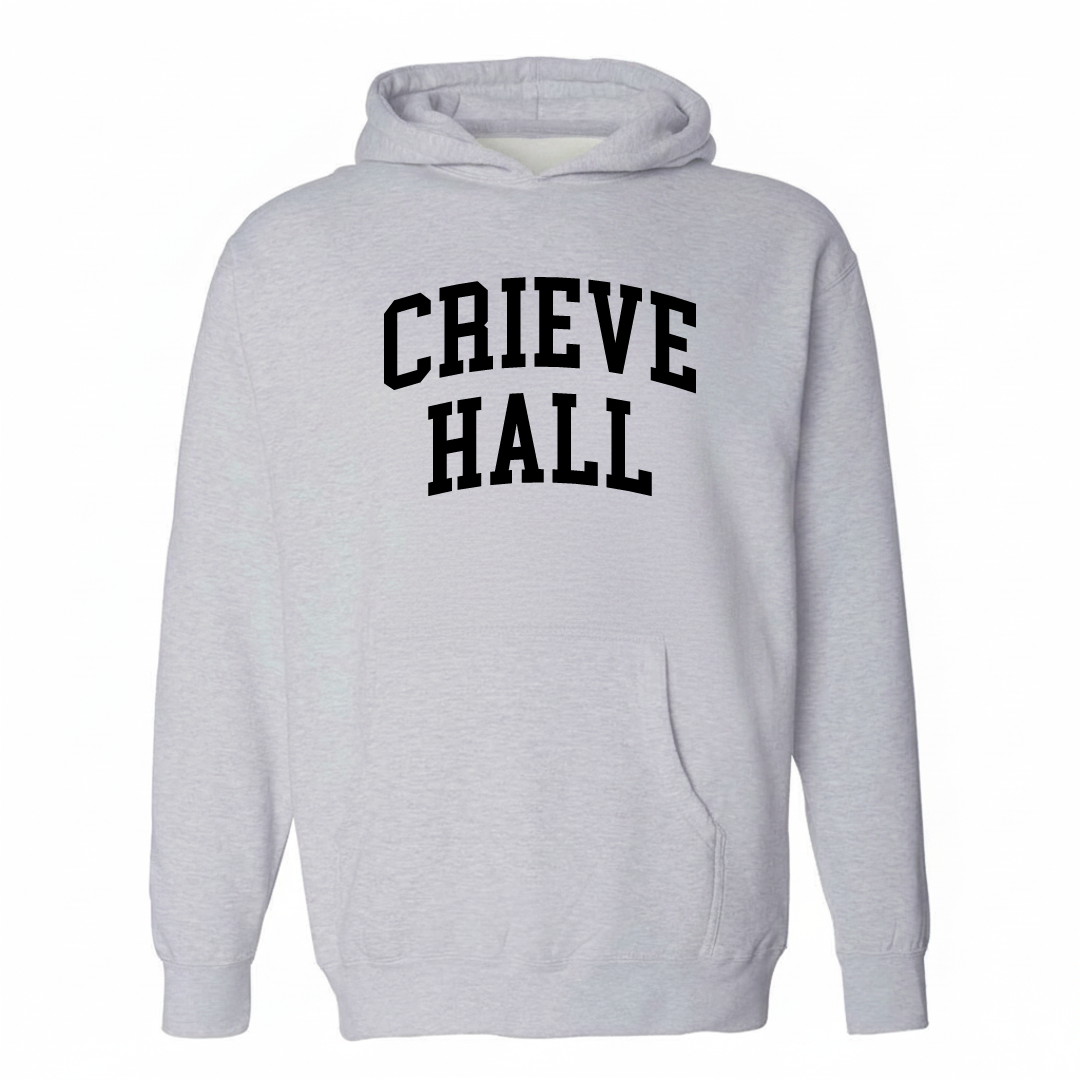 Heather-gray hoodie with the Crieve Hall varsity arched lettering design on the chest.