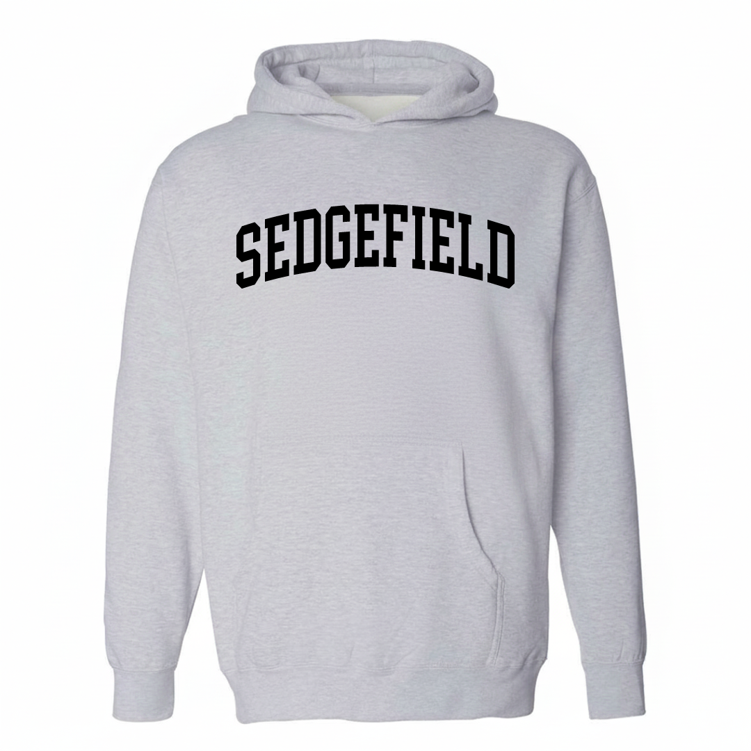 Heather-gray hoodie with the Sedgefield varsity arched lettering design on the chest.