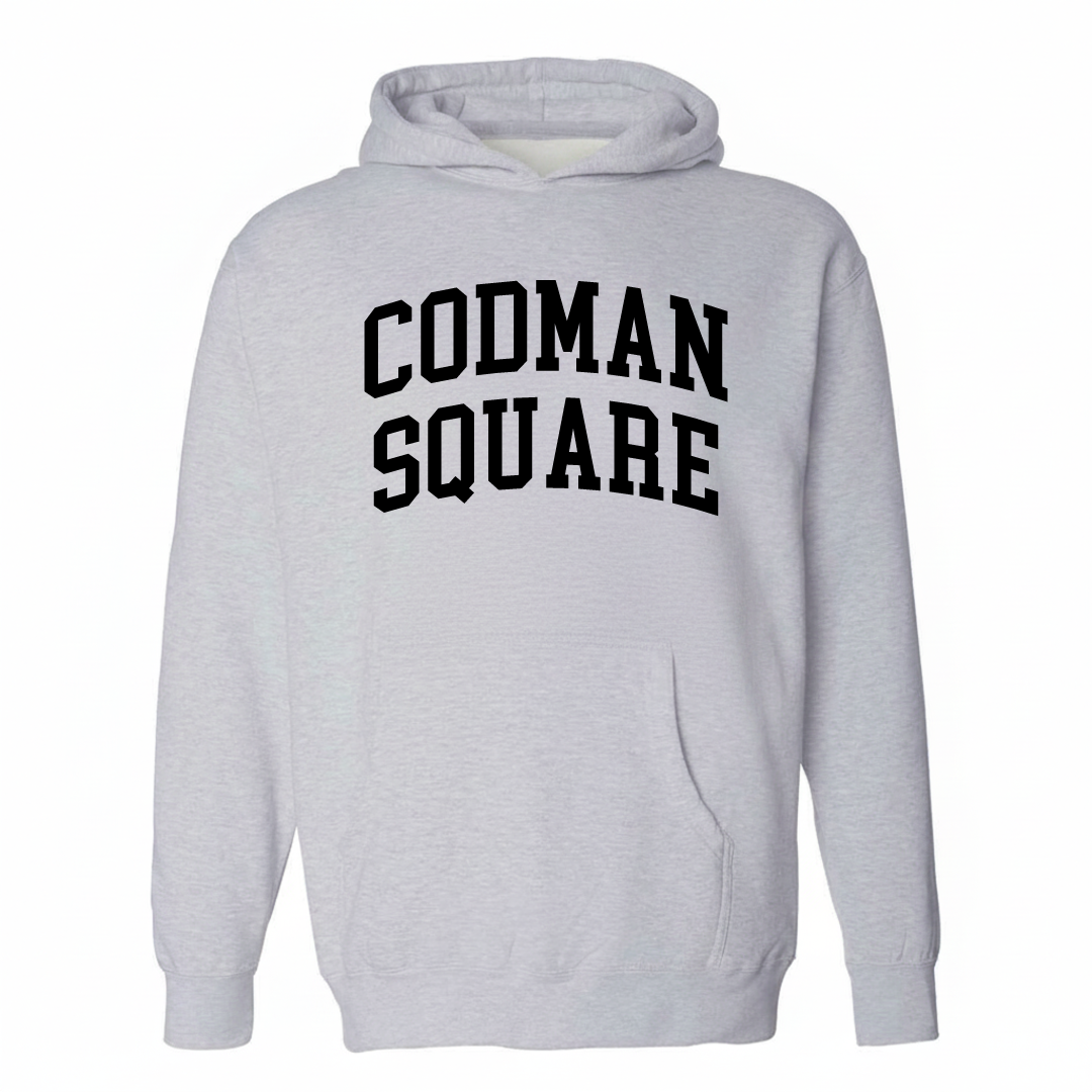Heather-gray hoodie with the Codman Square varsity arched lettering design on the chest.