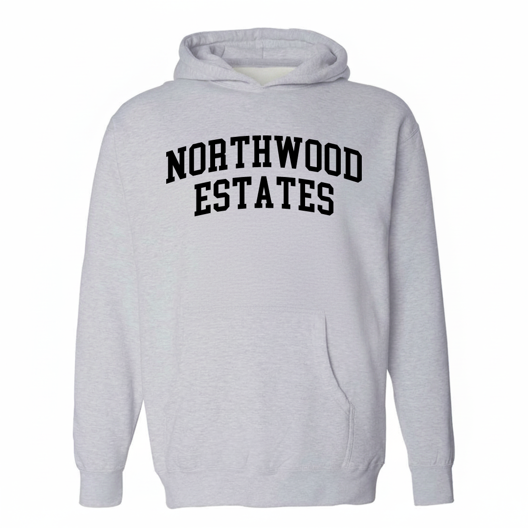 Heather-gray hoodie with the Northwood Estates arched lettering design on the chest.