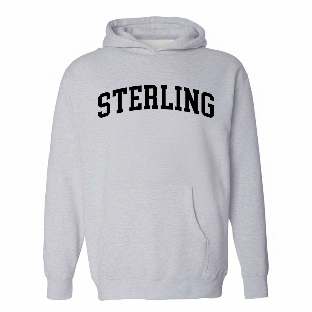 Heather-gray hoodie with the Sterling arched varsity lettering design on the chest.