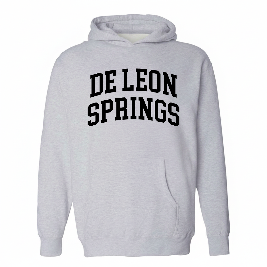 Heather-gray hoodie with the De Leon Springs arched lettering design on the chest.