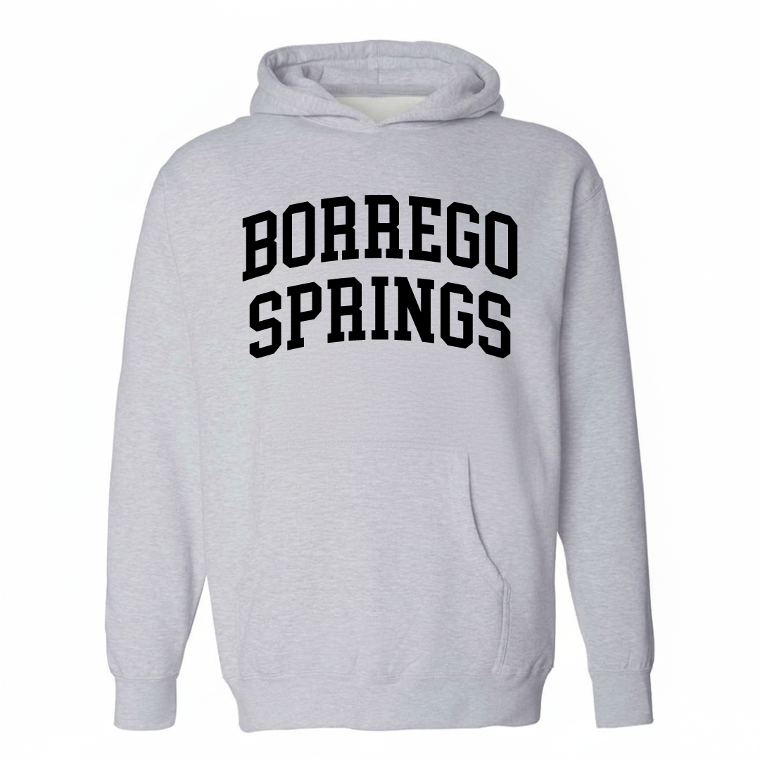Heather-gray hoodie with the Borrego Springs arched lettering varsity-collegiate design on the chest.