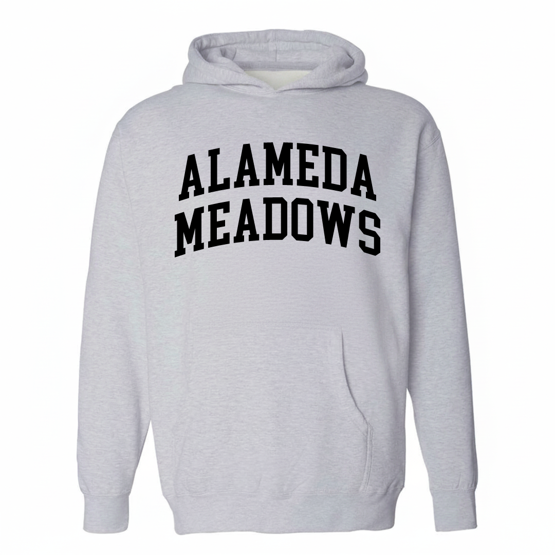 Heather-gray hoodie with the Alameda Meadows varsity arched lettering design on the chest.