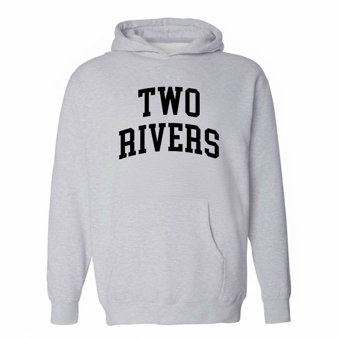 Heather-gray hoodie with the Two Rivers varsity arched lettering design on the chest.