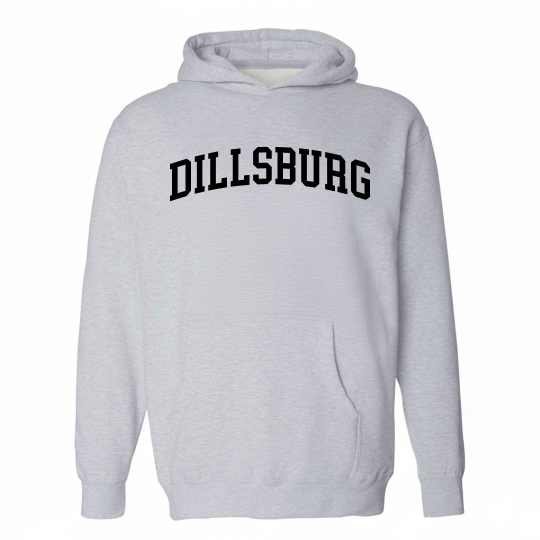 Heather-gray hoodie with the Dillsburg varsity arched lettering design on the chest.