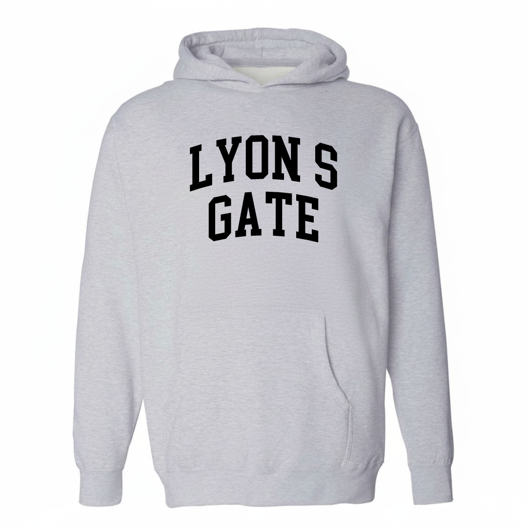 Heather-gray hoodie with the Lyon's Gate varsity arched lettering design on the chest.