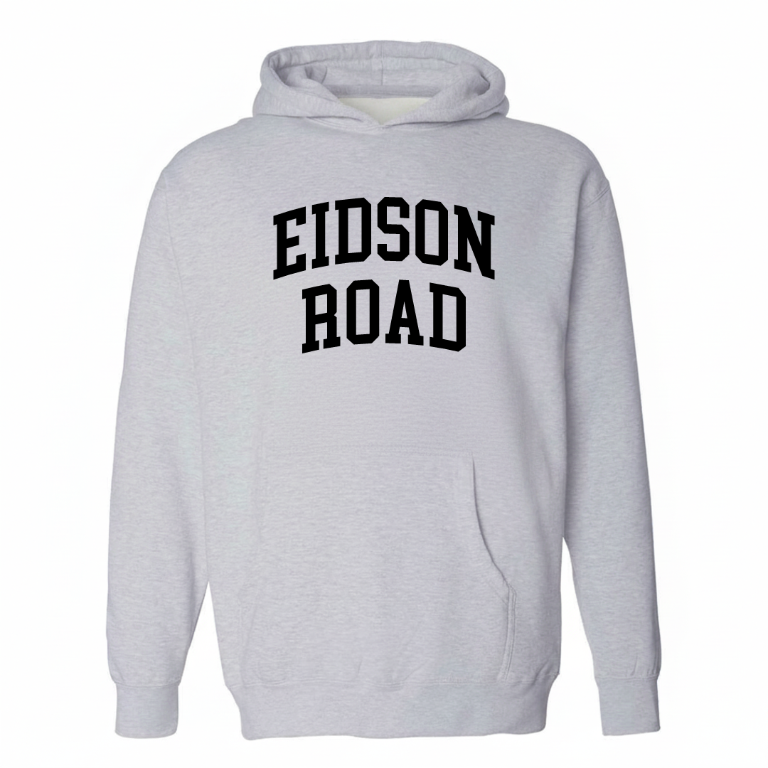 Heather-gray hoodie with the Eidson Road varsity arched lettering design on the chest.