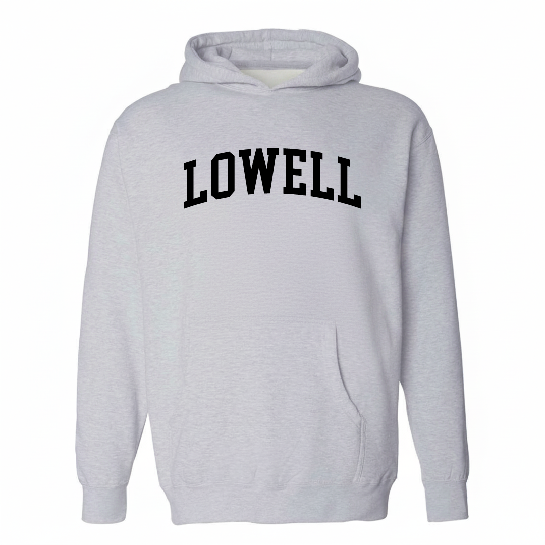 Heather-gray hoodie with the Lowell arched varsity lettering design on the chest.