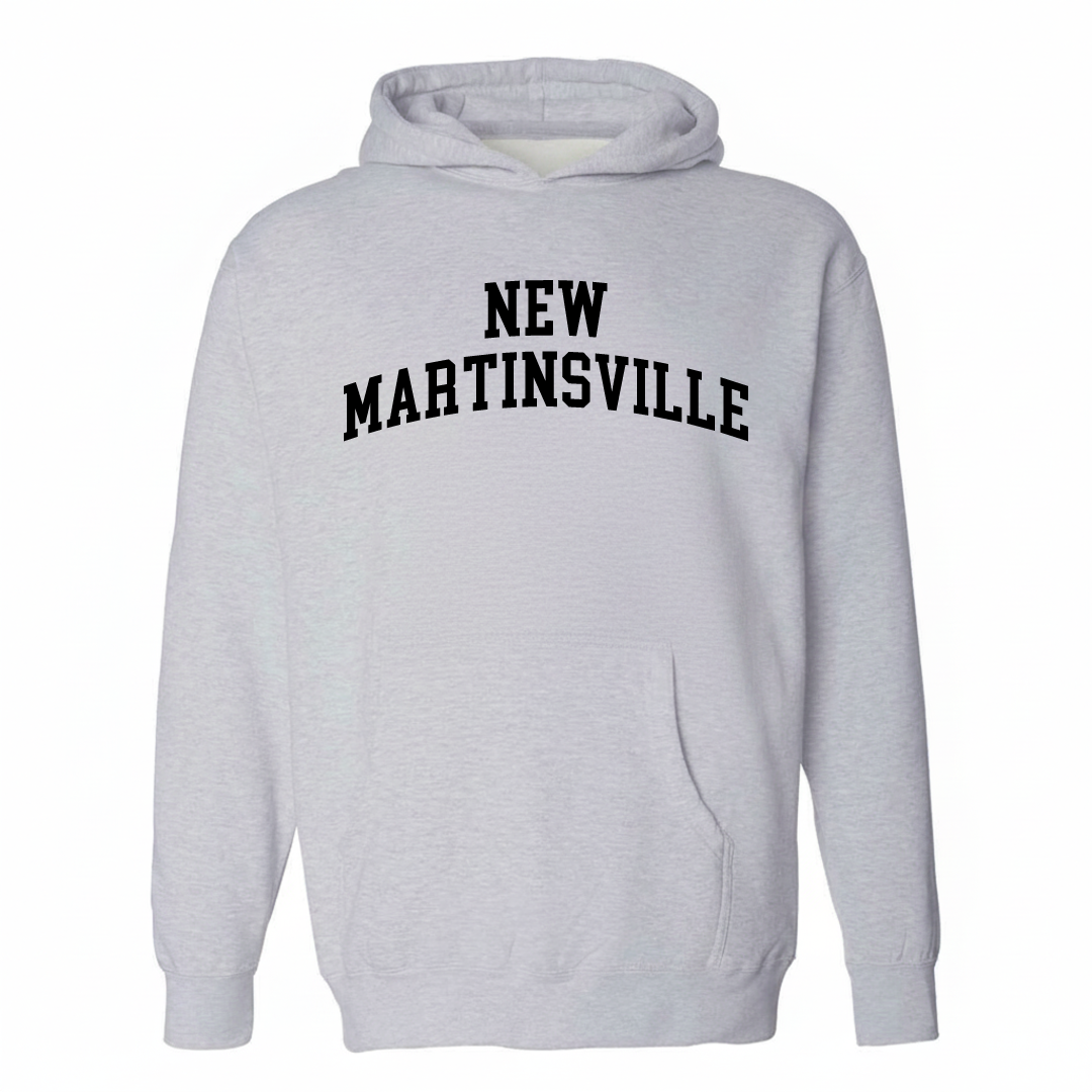 Heather-gray hoodie with the New Martinsville varsity arched lettering design on the chest.