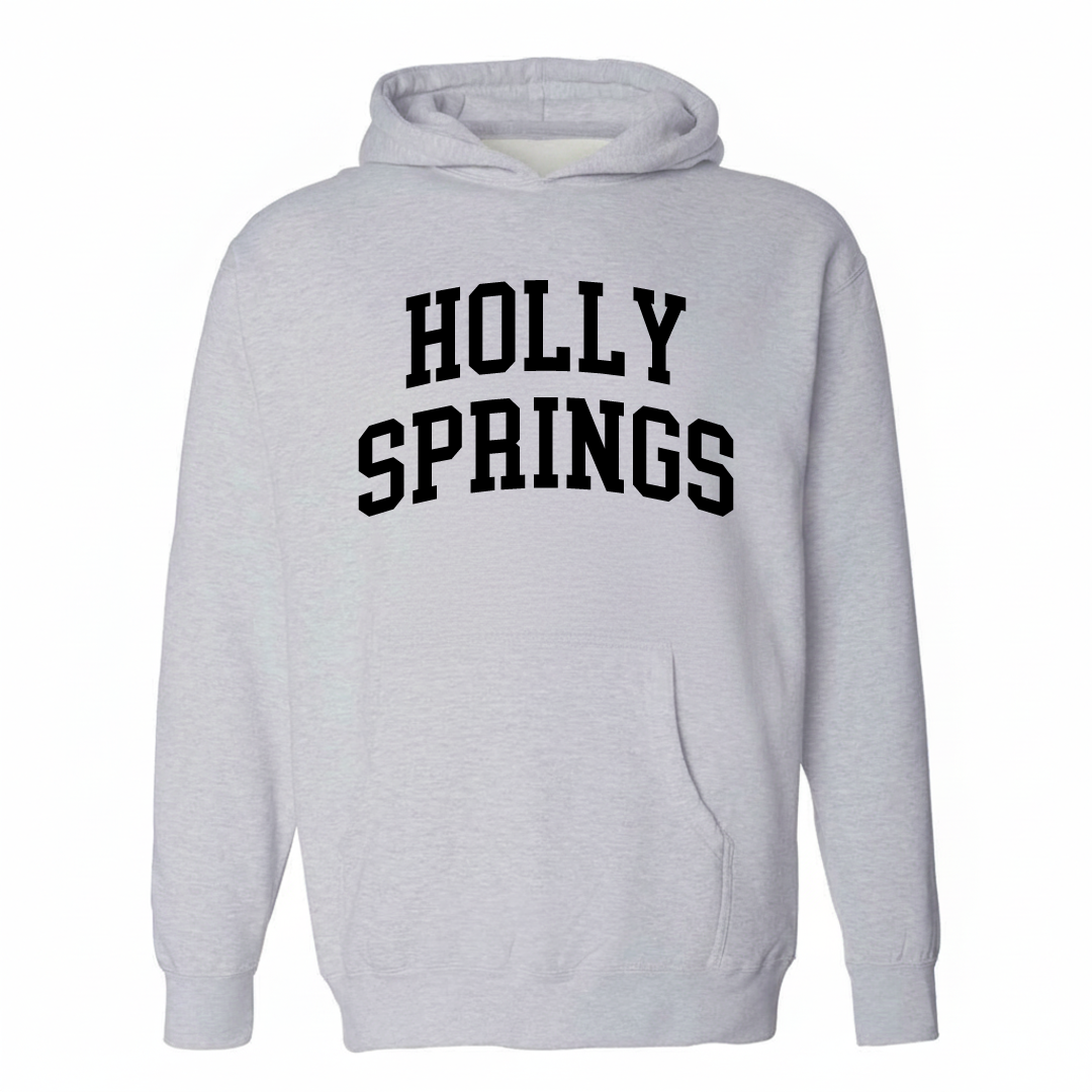 Heather-gray hoodie with the Holly Springs arched varsity lettering design on the chest.