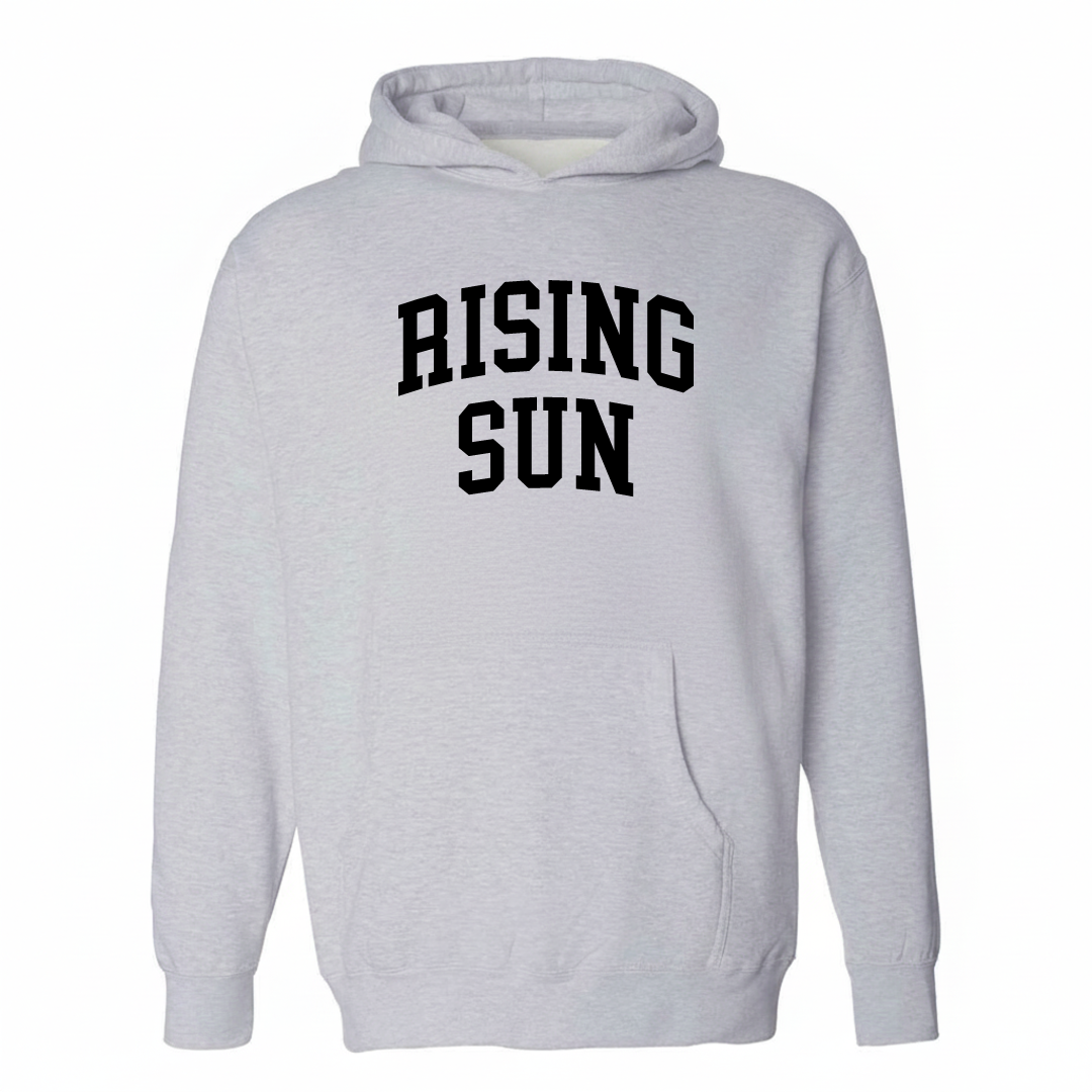 Heather-gray hoodie with the Rising Sun arched lettering design on the chest.