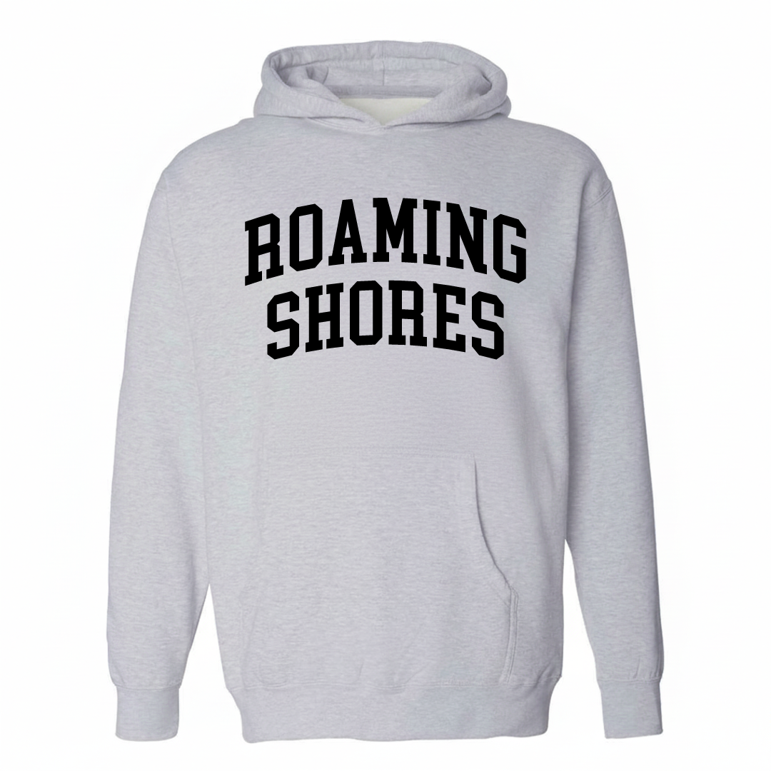 Heather-gray hoodie with the Roaming Shores varsity arched lettering design on the chest.