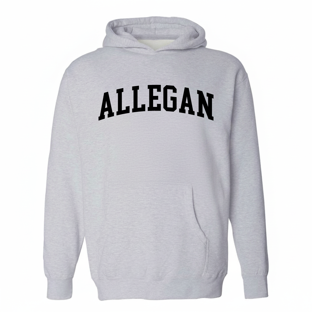 Heather-gray hoodie with the Allegan varsity arched lettering design on the chest.