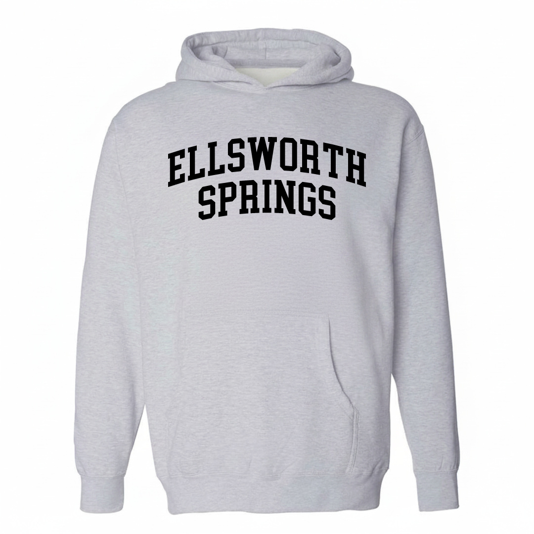 Heather-gray hoodie with the Ellsworth Springs varsity arched lettering design on the chest.
