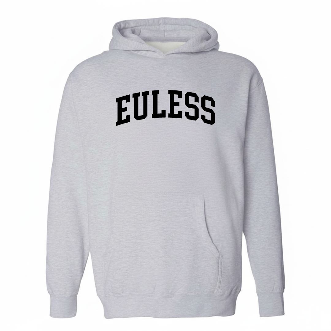 Heather-gray hoodie with the Euless varsity arched lettering design on the chest.