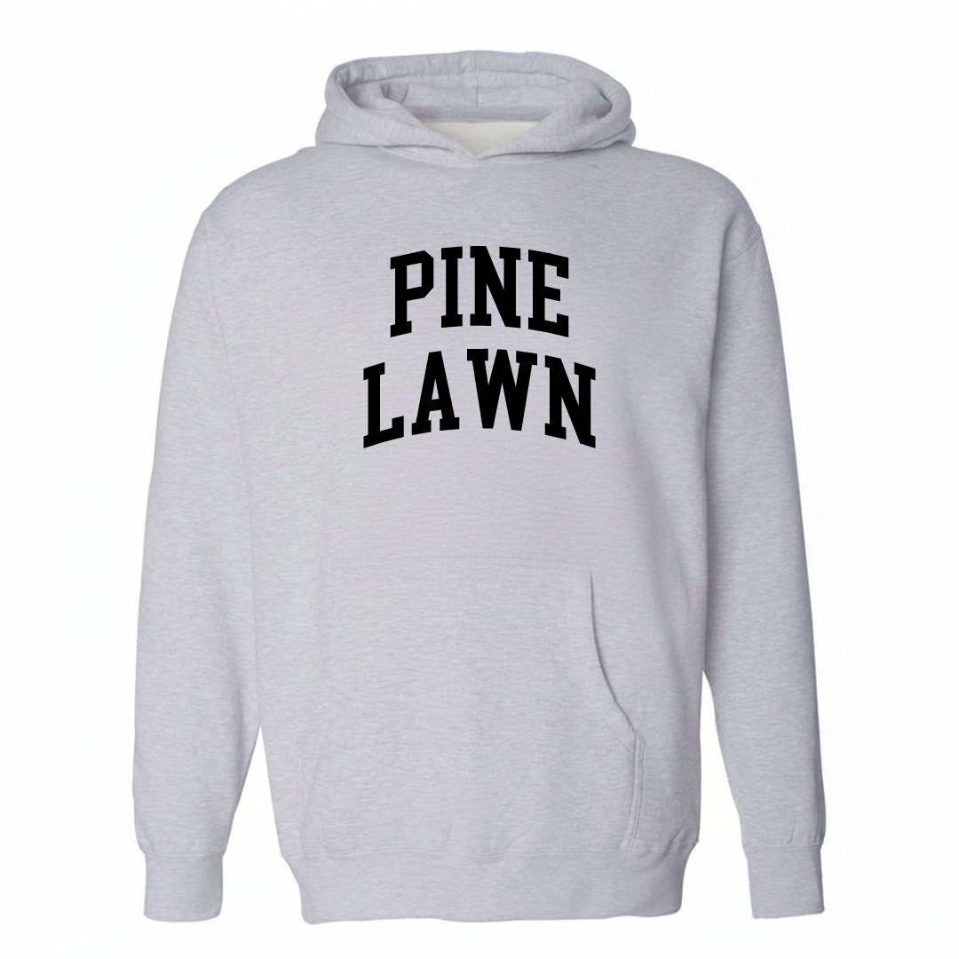 Heather-gray hoodie with the Pine Lawn varsity arched lettering design on the chest.