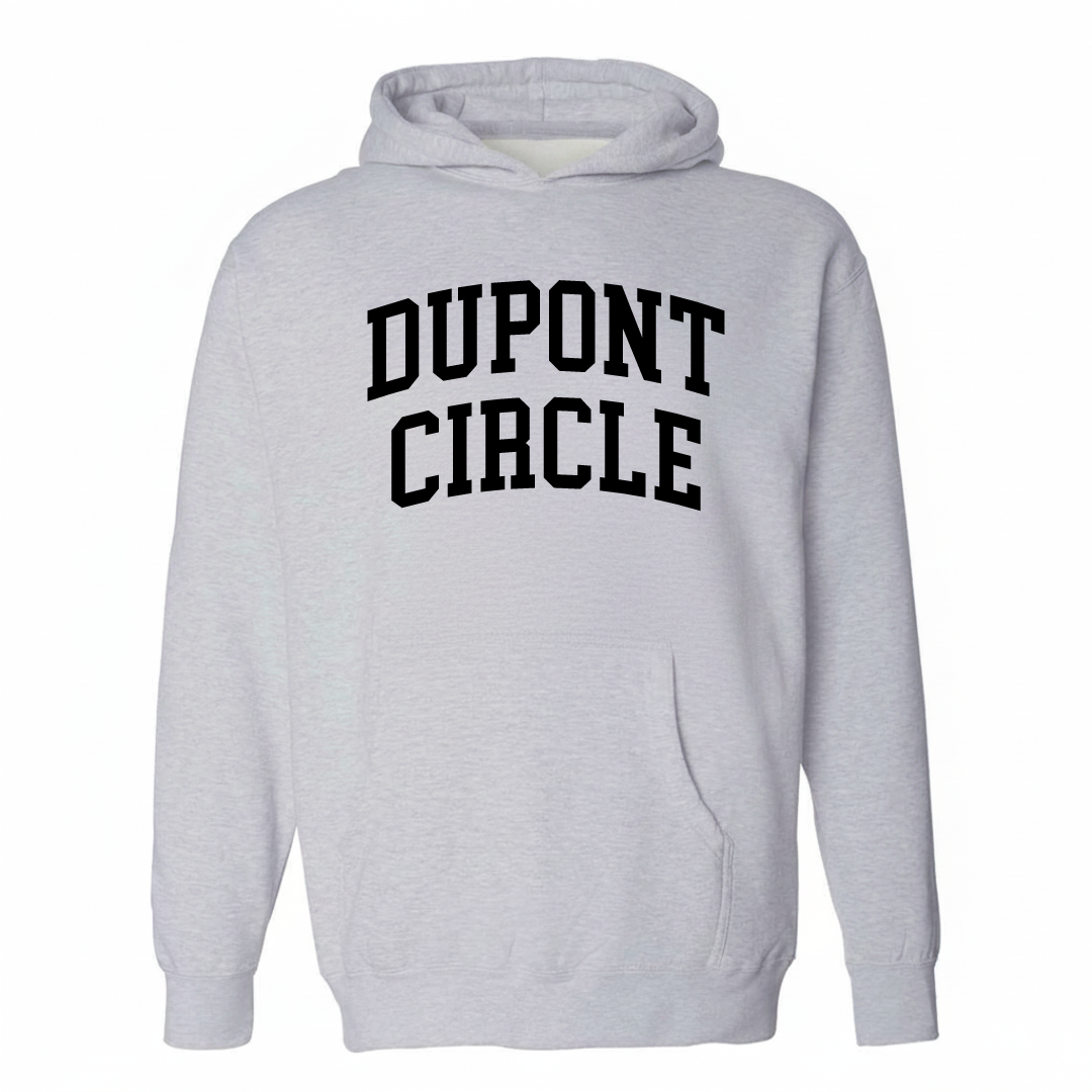 Heather-gray hoodie with the Dupont Circle varsity arched lettering design on the chest.