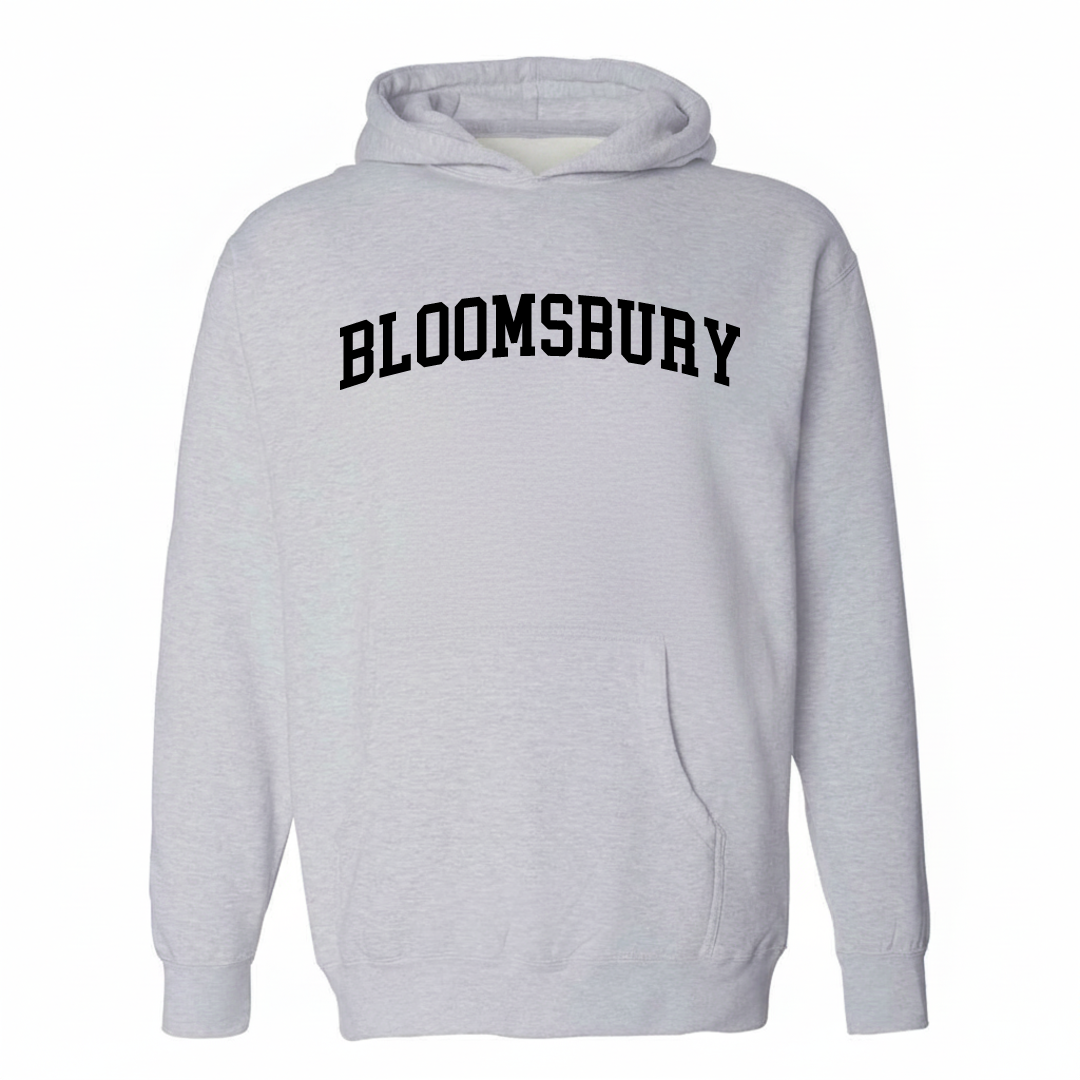 Heather-gray hoodie with the Bloomsbury varsity arched lettering design on the chest.