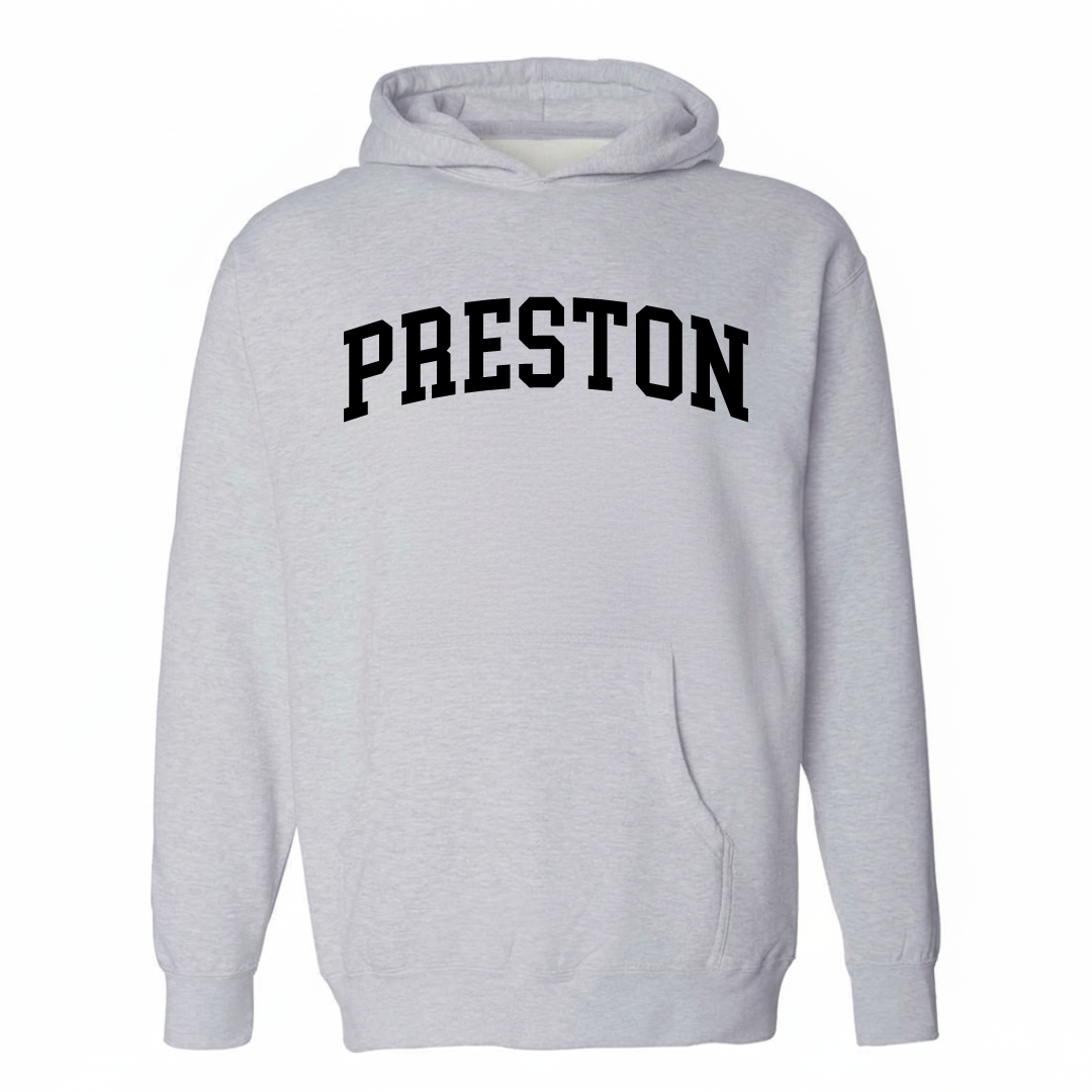 Heather-gray hoodie with the Preston arched lettering design on the chest.