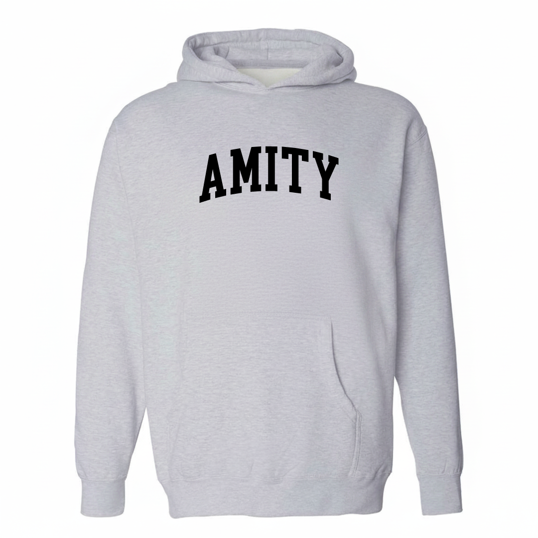 Heather-gray hoodie with the Amity varsity arched lettering design on the chest.