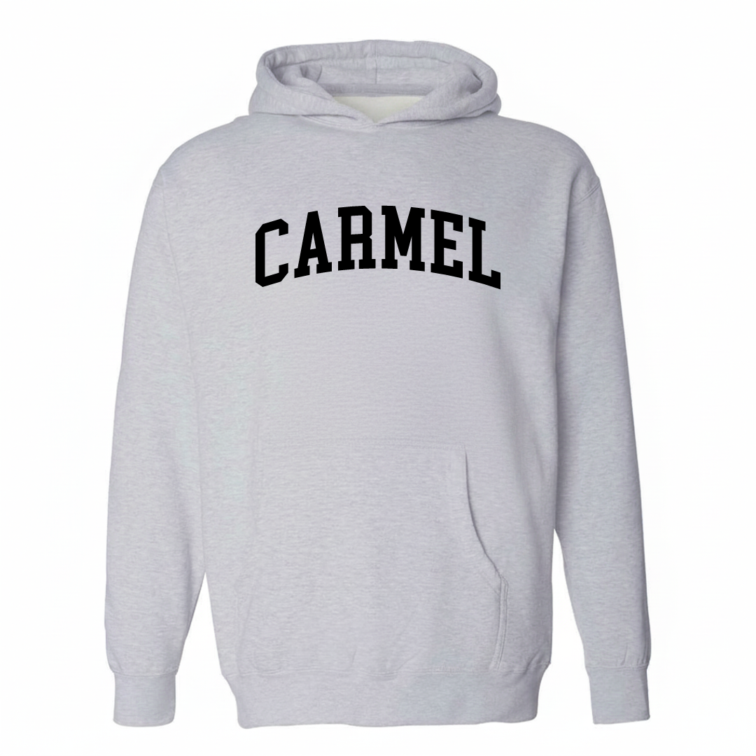 Heather-gray hoodie with the Carmel arched lettering varsity-collegiate design on the chest.