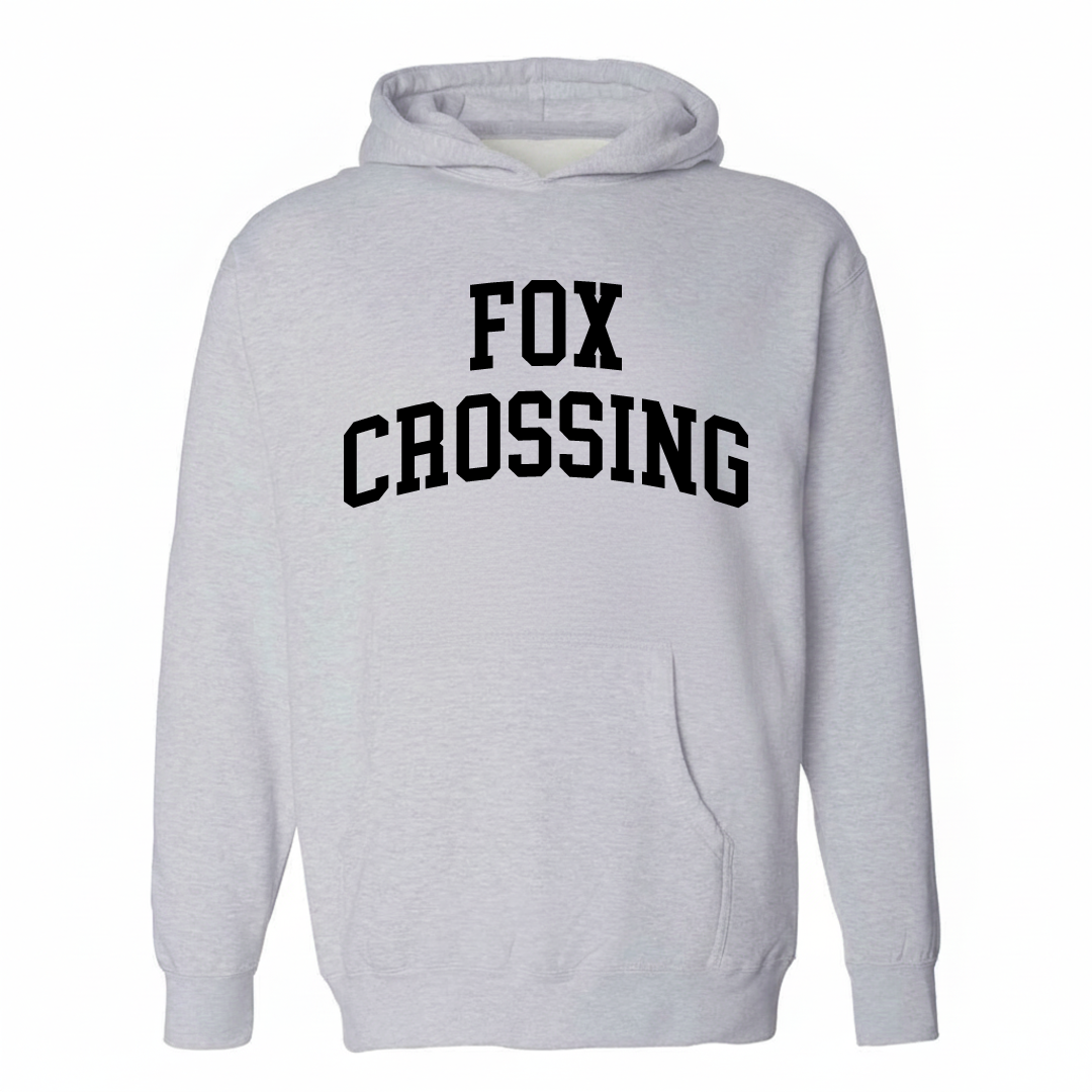 Heather-gray hoodie with the Fox Crossing arched varsity lettering design on the chest.