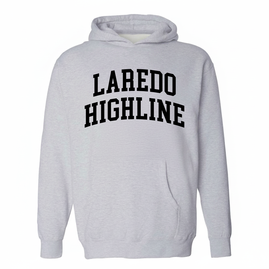 Heather-gray hoodie with the Laredo Highline varsity arched lettering design on the chest.
