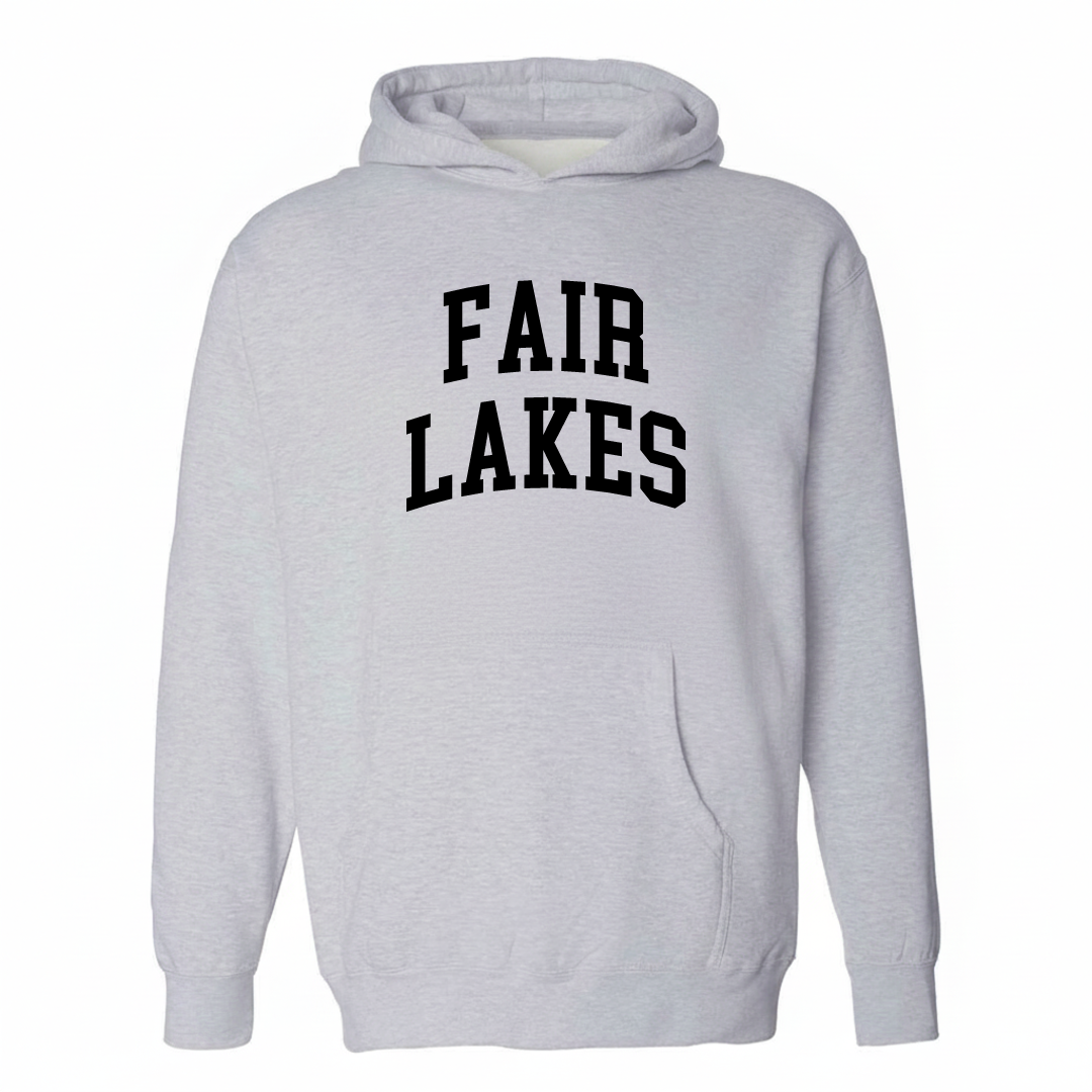 Heather-gray hoodie with the Fair Lakes arched lettering varsity-collegiate design on the chest.