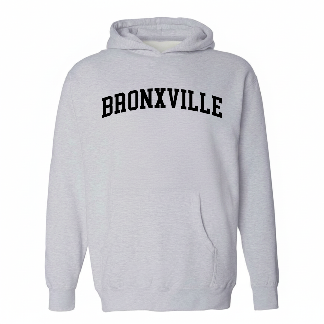 Heather-gray hoodie with the Bronxville varsity arched lettering design on the chest.