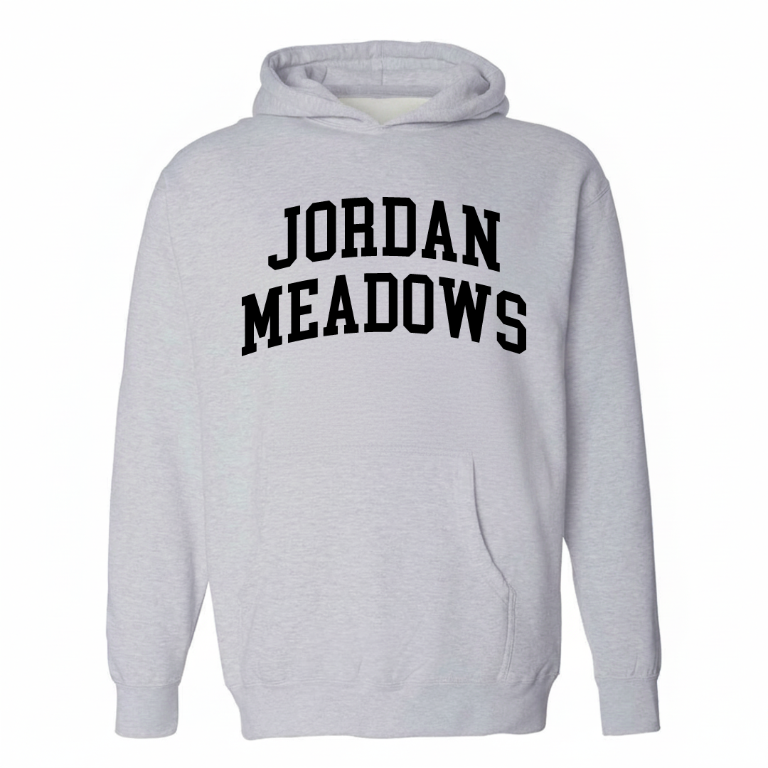 Heather-gray hoodie with the Jordan Meadows varsity arched lettering design on the chest.