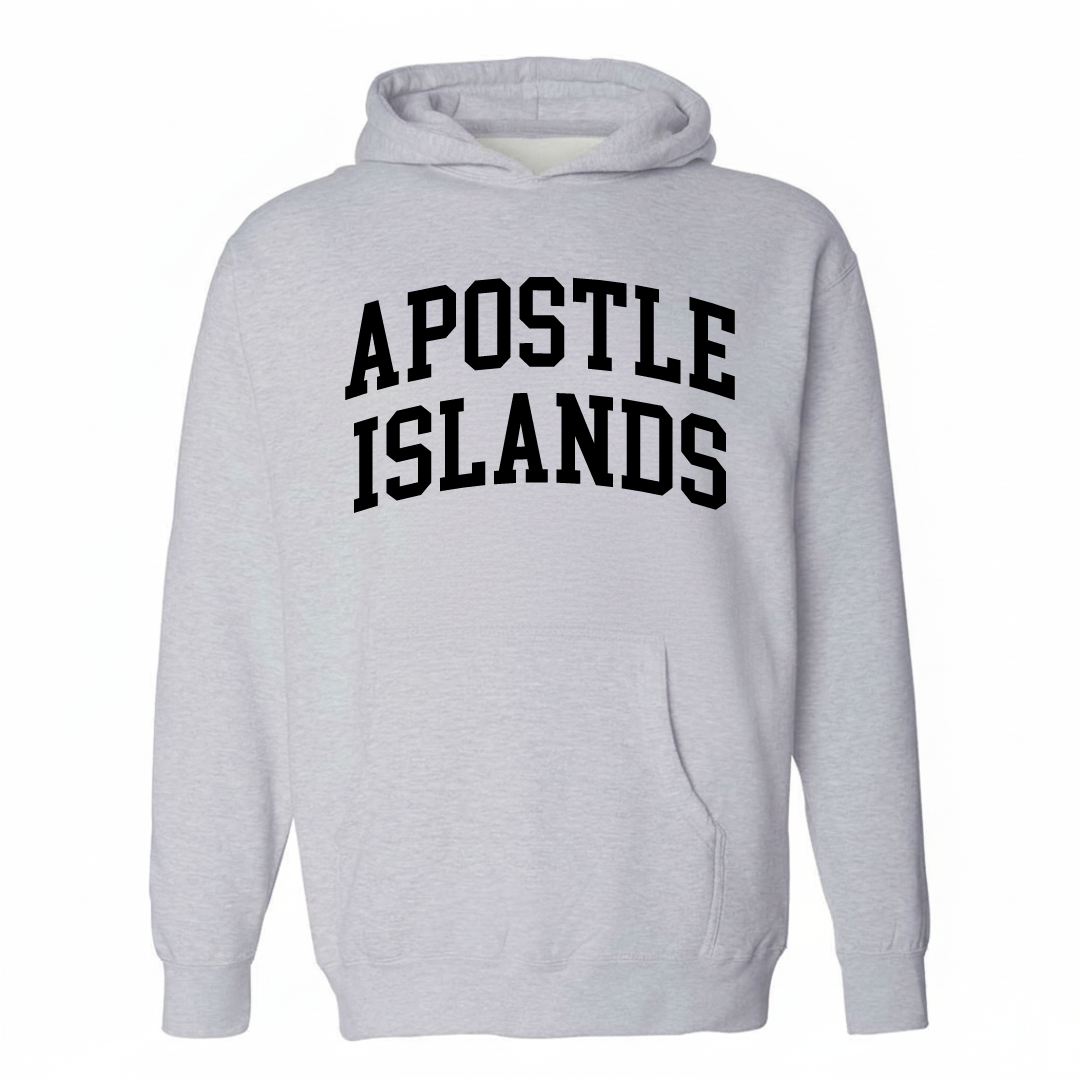 Heather-gray hoodie with the Apostle Islands varsity arched lettering design on the chest.