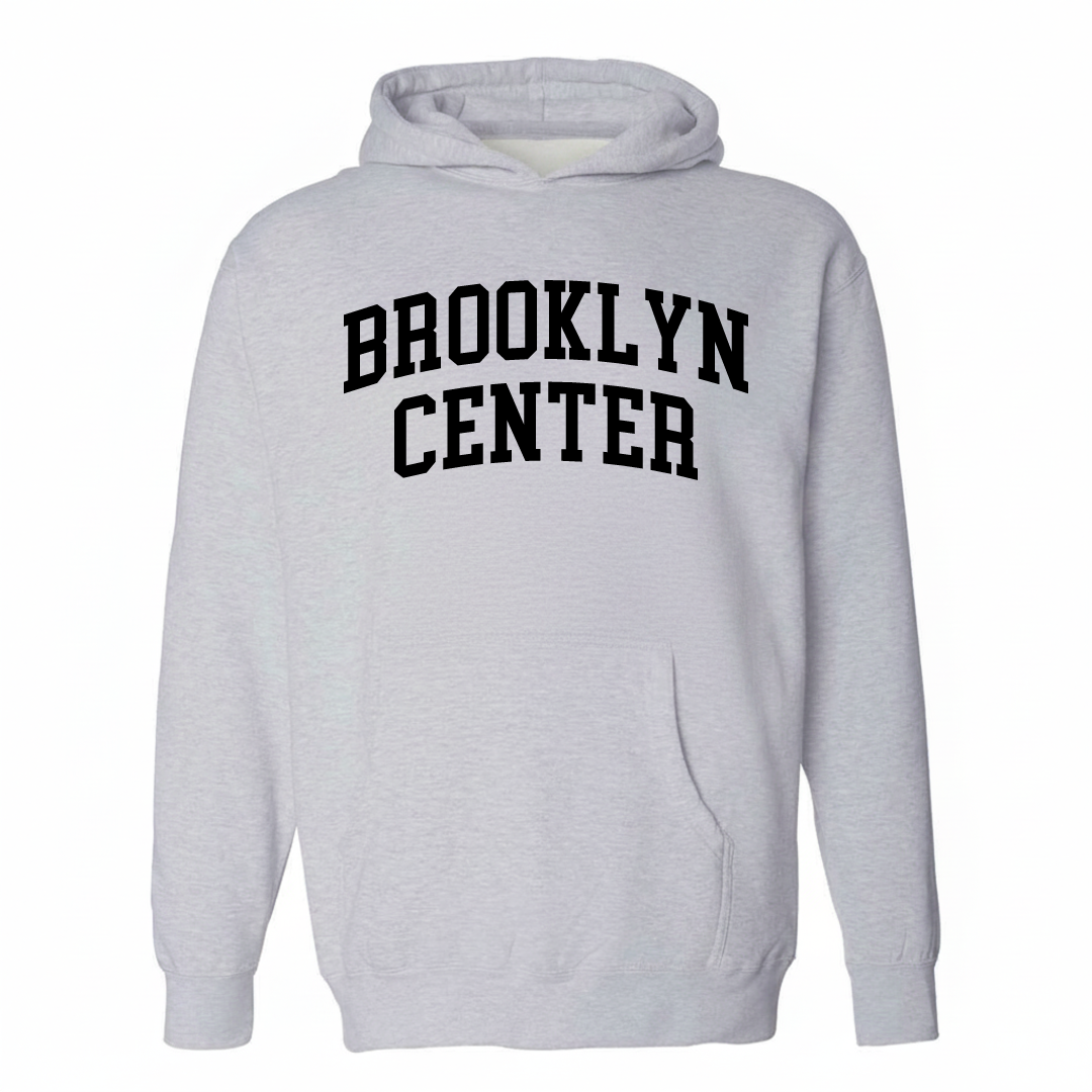 Heather-gray hoodie with the Brooklyn Center varsity arched lettering design on the chest.