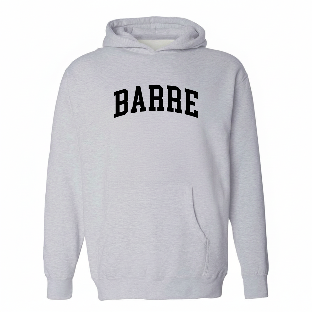 Heather-gray hoodie with the Barre, MA varsity arched lettering design on the chest.