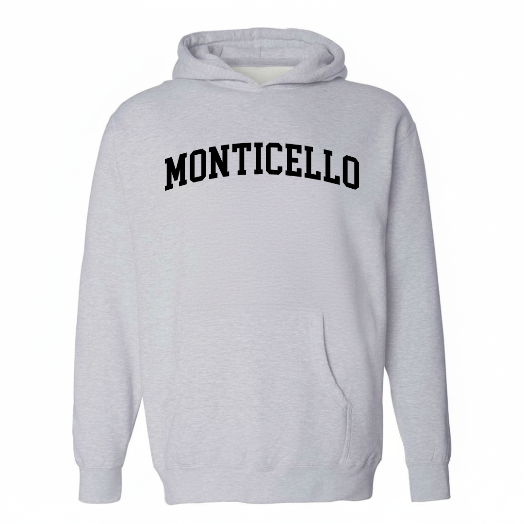 Heather-gray hoodie with the Monticello arched lettering varsity-collegiate design on the chest.