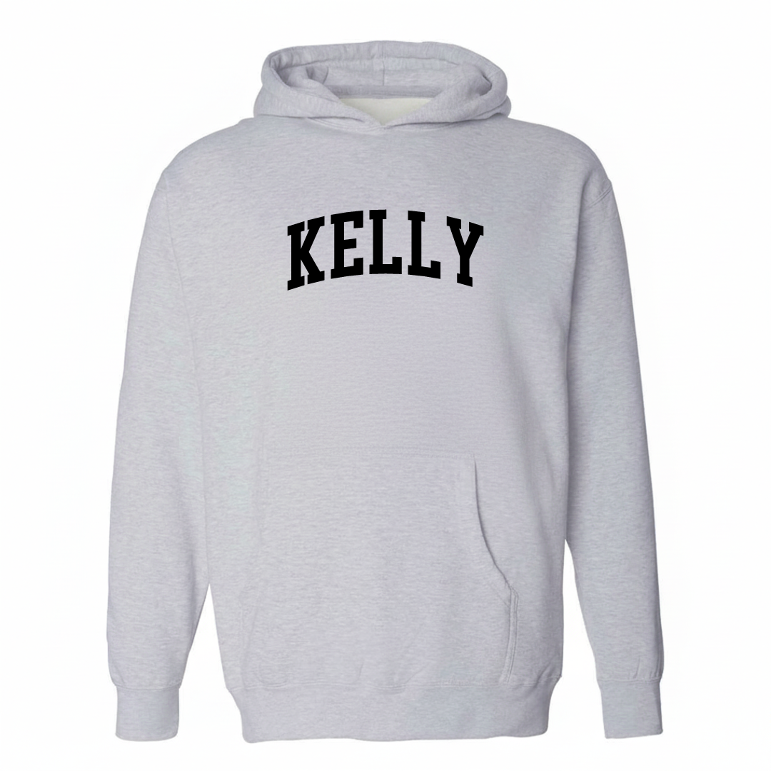 Heather-gray hoodie with the Kelly, Wyoming varsity arched lettering design on the chest.