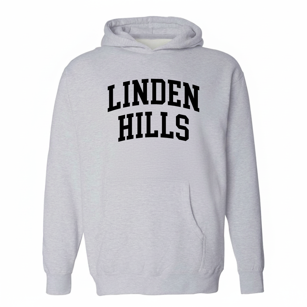 Heather-gray hoodie with the Linden Hills varsity arched lettering design on the chest.