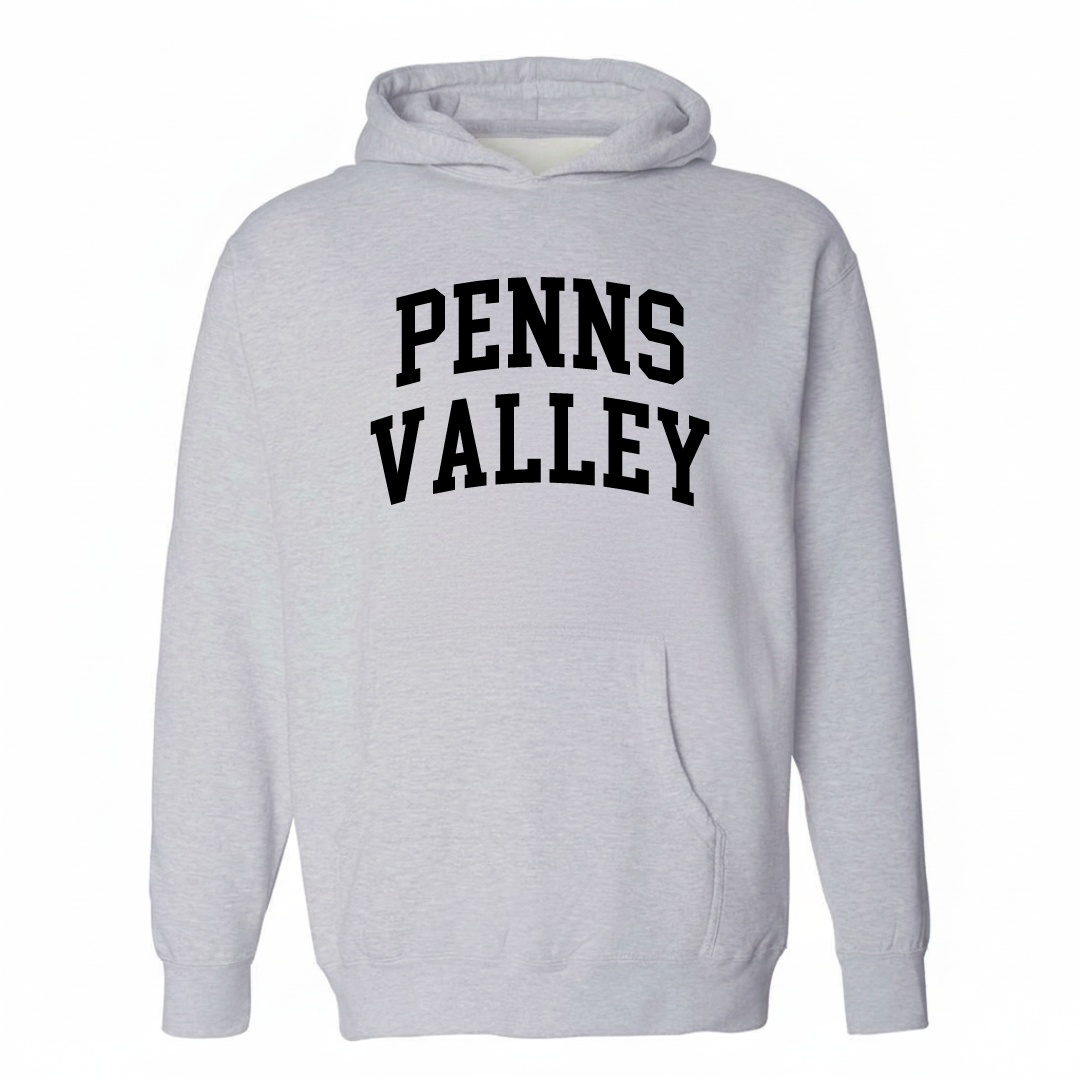 Heather-gray hoodie with the Penns Valley varsity arched lettering design on the chest.
